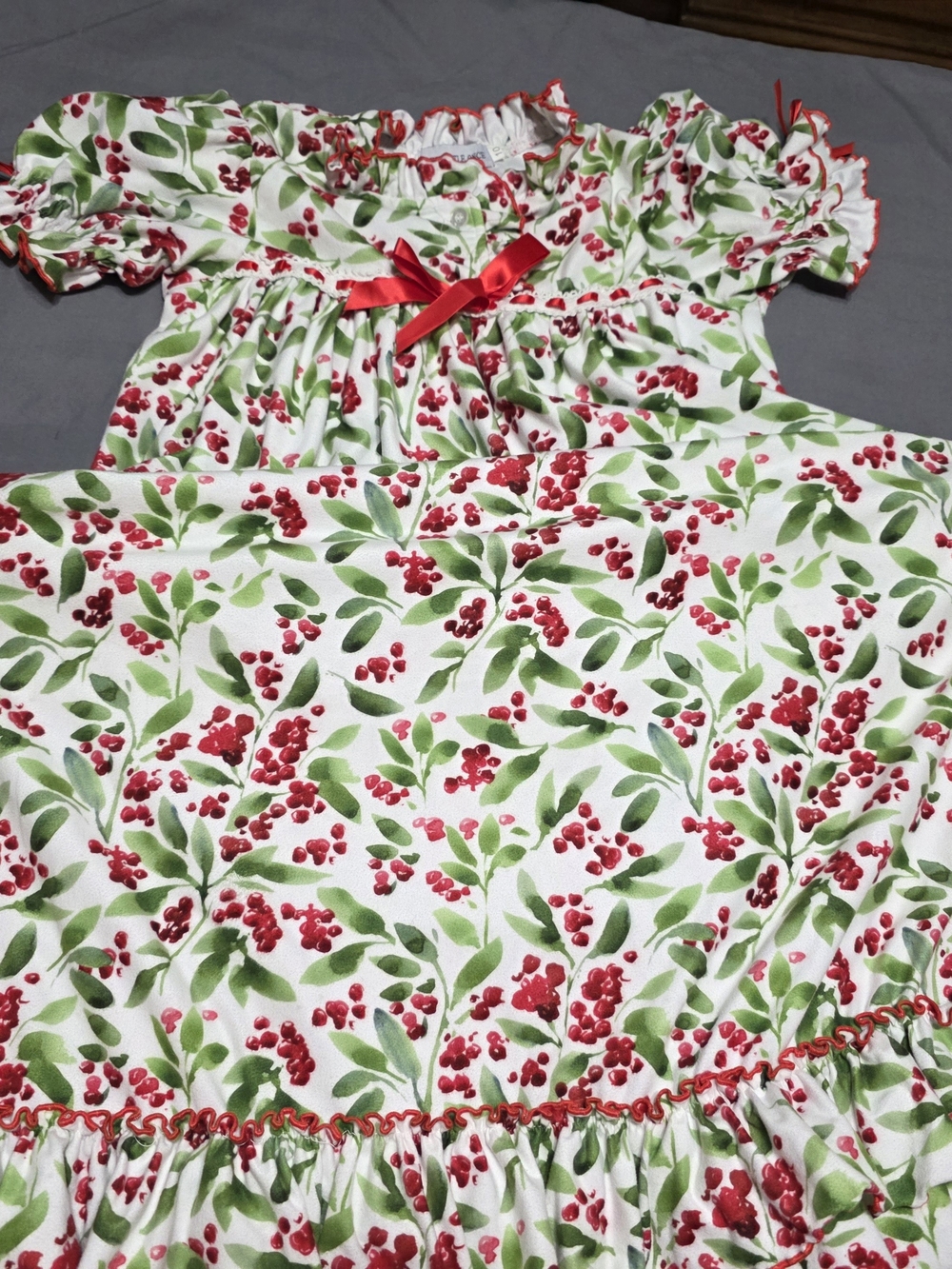 Girls Festive Berry Print Nightgown with Red Bow - White/Green/Red Christmas